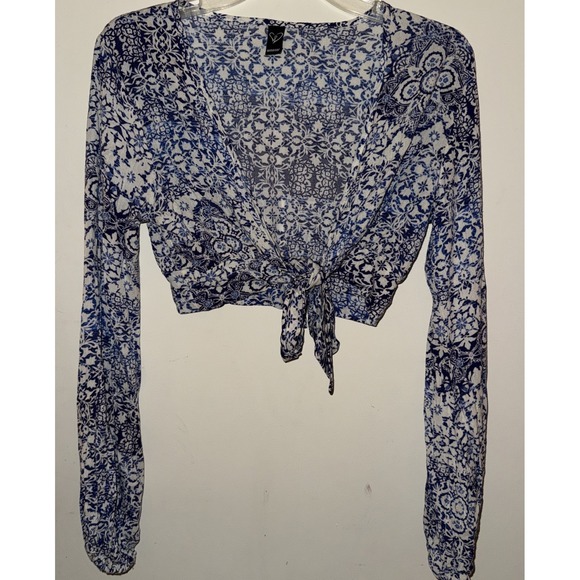 Windsor Tops - Windsor Blue & White Floral Crop Top Balloon Sleeve Tie Front Boho S